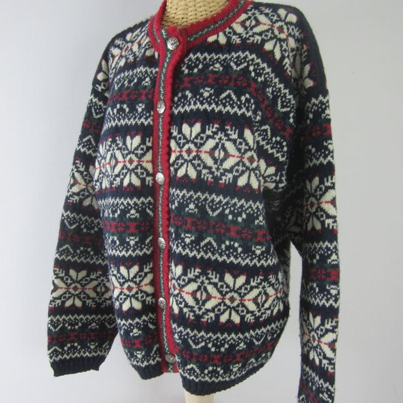 Vtg Alps Womens L Red Green Navy White Wool Nordic Cardigan Sweater Holiday Ski - Picture 10 of 14